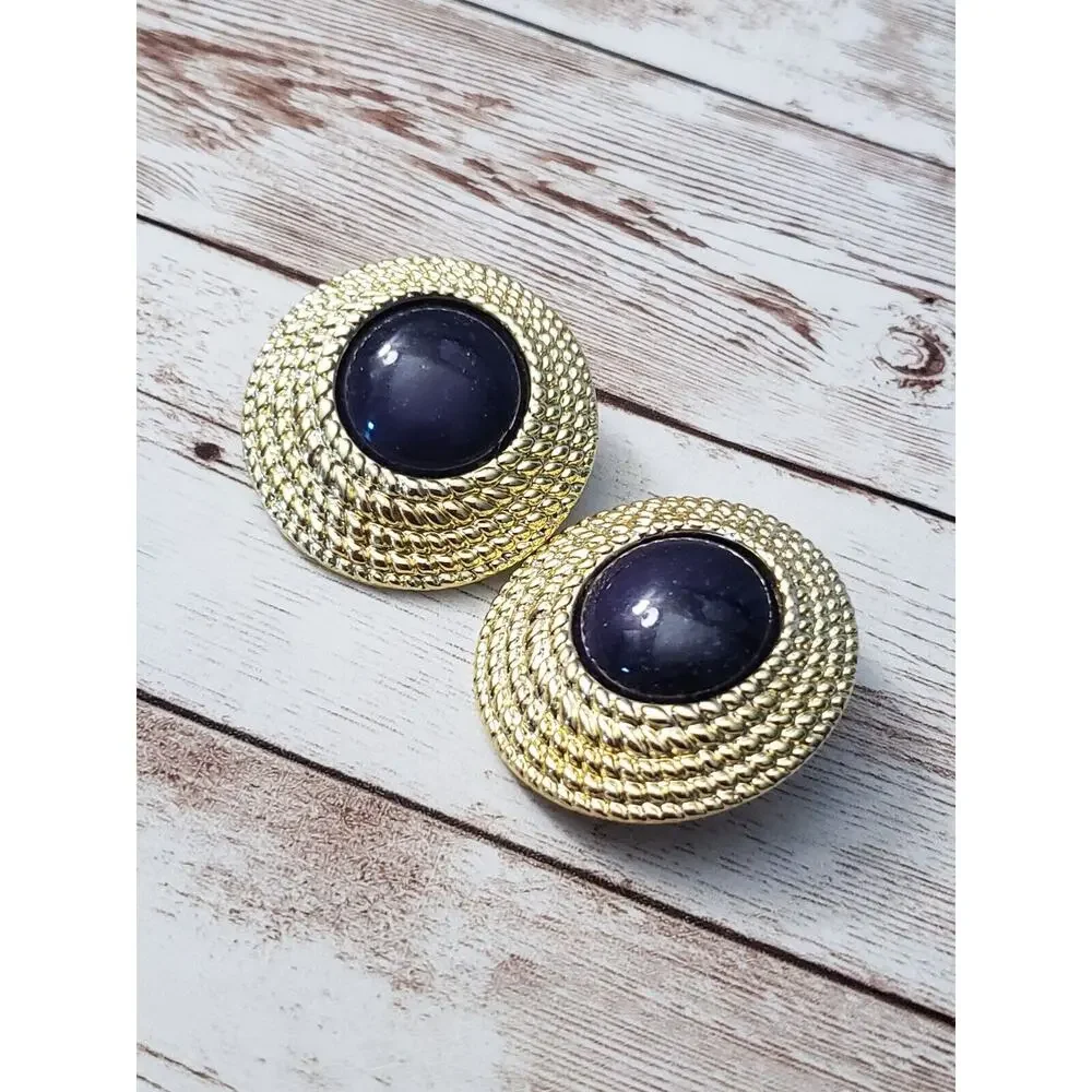 Vintage Clip On Earrings Gold Tone Halo with Blue Speckled Center Large 1 & 5/8